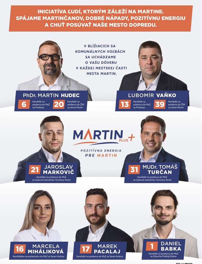 Plagát Martin Plus so všetkými kandidátmi a ich volebnými číslami